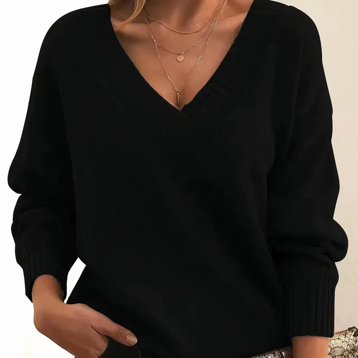 Kvinnors Djup V-ringad Stickad Tröja Avslappnad Långärmad Pullover