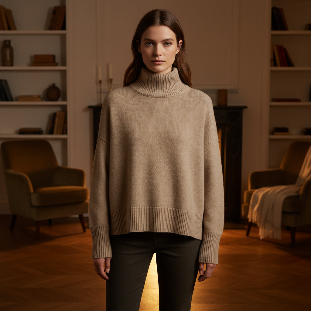 Kvinnors Oversized Turtleneck Tröja med Sänkta Axlar