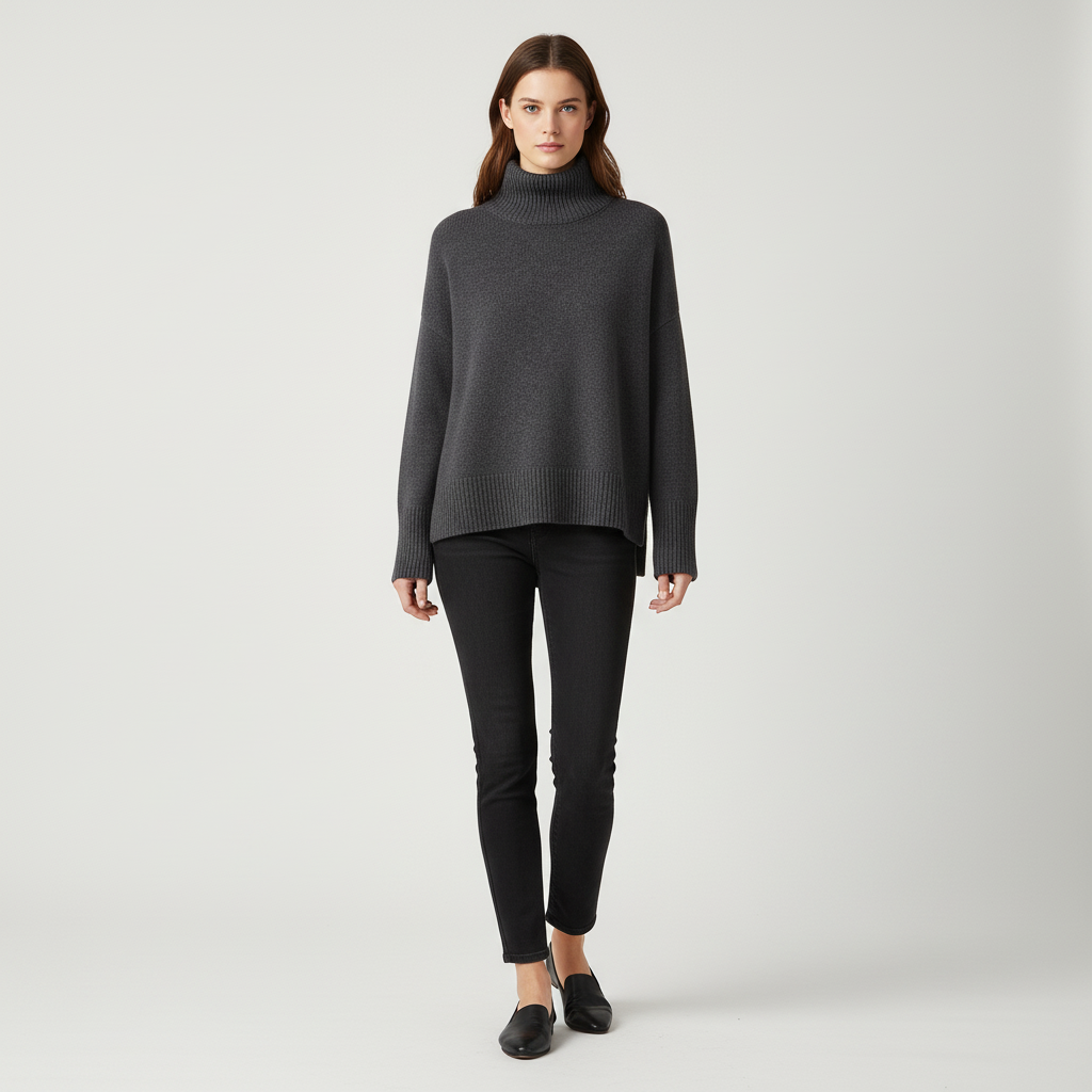 Kvinnors Oversized Turtleneck Tröja med Sänkta Axlar