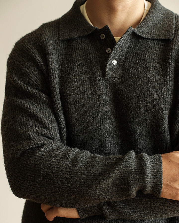 Mans Ribbad Polo-Nacktröja – Knäppt Stickad för Höst och Vinter