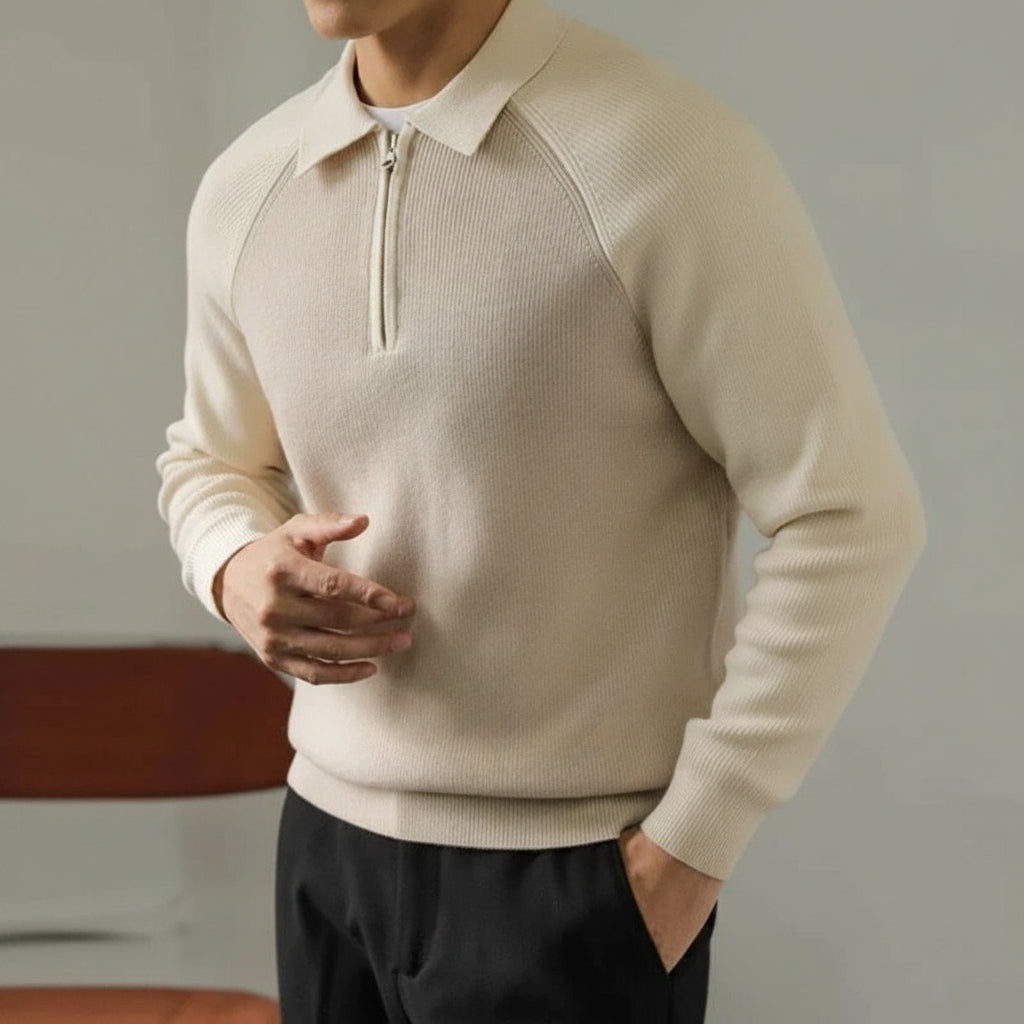 Herr Zip-Polo Stickad Tröja – Raglanärm Smart Casual Lager för Höst och Vinter