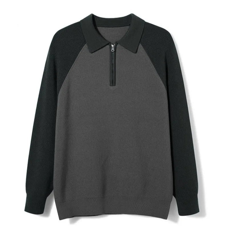 Herr Zip-Polo Stickad Tröja – Raglanärm Smart Casual Lager för Höst och Vinter