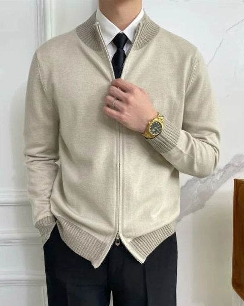 Herrarnas Full-Zip Stickad Cardigan – Ståndkrage Lager för Kontor och Vinterklädsel