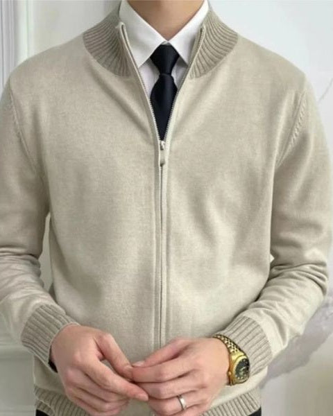 Herrarnas Full-Zip Stickad Cardigan – Ståndkrage Lager för Kontor och Vinterklädsel