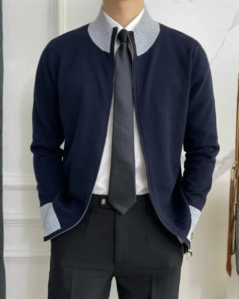 Herrarnas Full-Zip Stickad Cardigan – Ståndkrage Lager för Kontor och Vinterklädsel