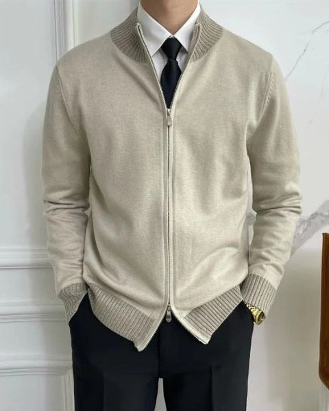 Herrarnas Full-Zip Stickad Cardigan – Ståndkrage Lager för Kontor och Vinterklädsel