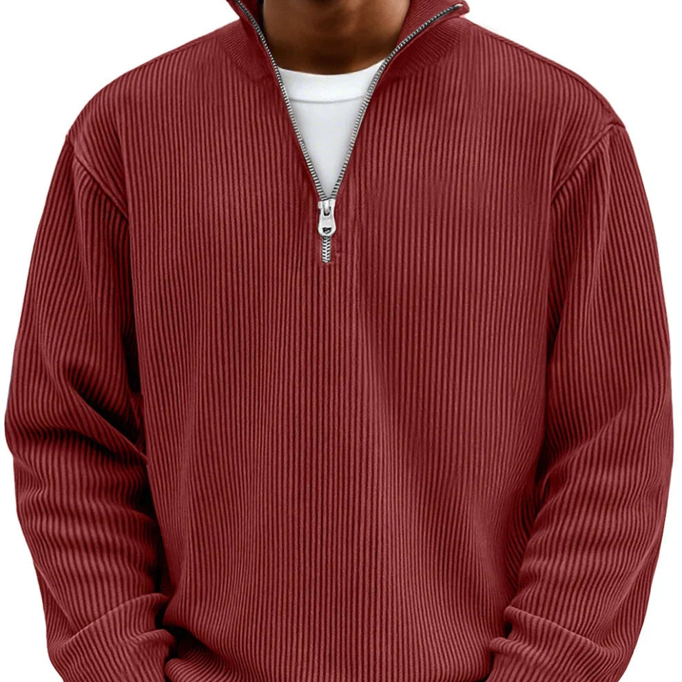 Herrens Ribbstickad Zip-Neck Tröja – Avslappnad Långärmad Lager för Kallare Dagar