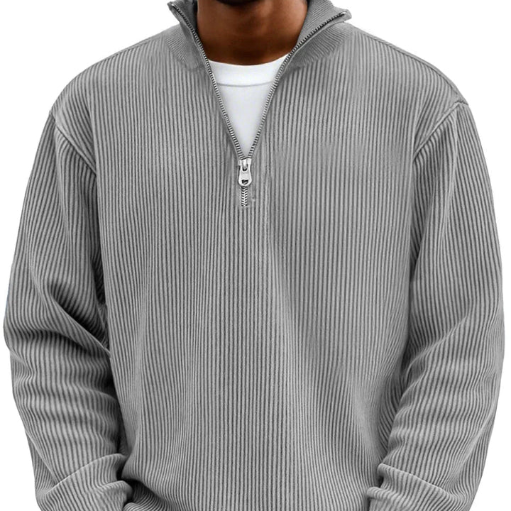 Herrens Ribbstickad Zip-Neck Tröja – Avslappnad Långärmad Lager för Kallare Dagar