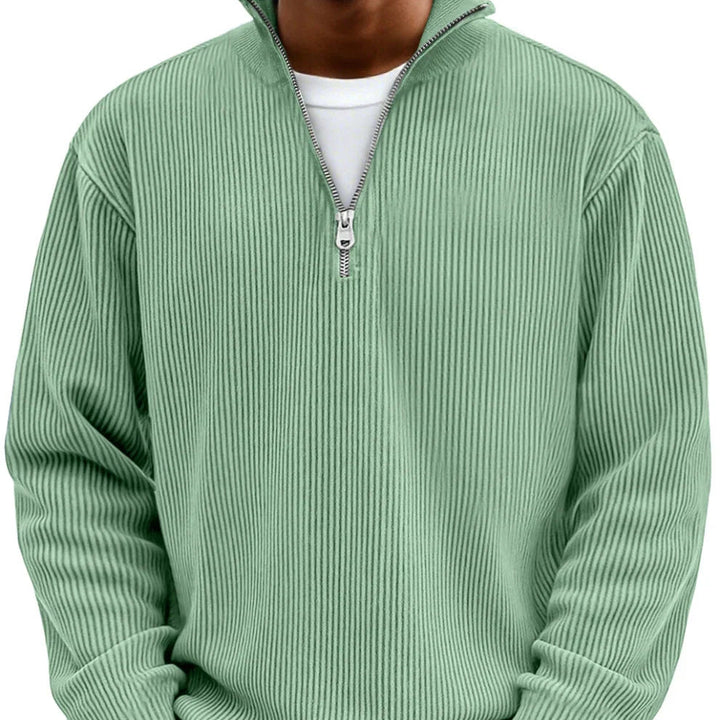 Herrens Ribbstickad Zip-Neck Tröja – Avslappnad Långärmad Lager för Kallare Dagar