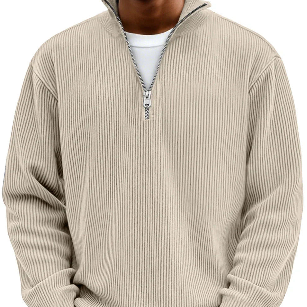 Herrens Ribbstickad Zip-Neck Tröja – Avslappnad Långärmad Lager för Kallare Dagar