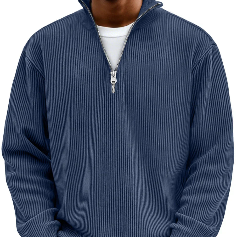 Herrens Ribbstickad Zip-Neck Tröja – Avslappnad Långärmad Lager för Kallare Dagar