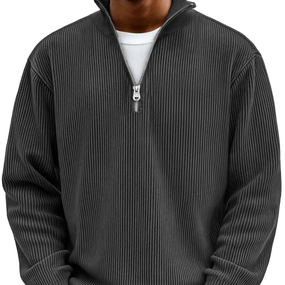 Herrens Ribbstickad Zip-Neck Tröja – Avslappnad Långärmad Lager för Kallare Dagar