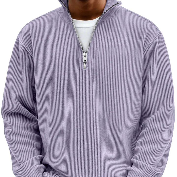 Herrens Ribbstickad Zip-Neck Tröja – Avslappnad Långärmad Lager för Kallare Dagar