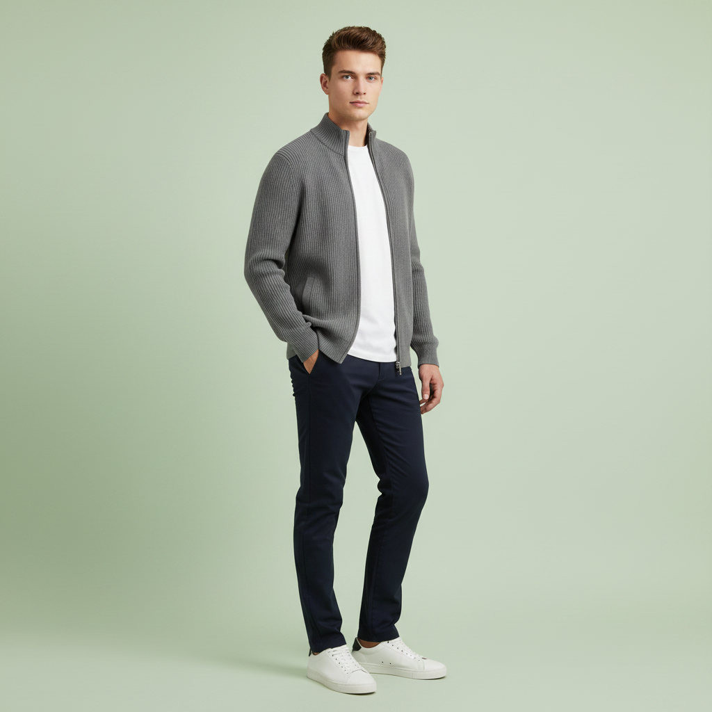 Herrar Stand-Krage Zip Cardigan – Slim-Fit Ribbad Stickad för Kontor och Helg