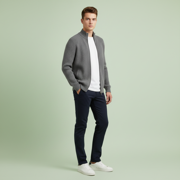 Herrar Stand-Krage Zip Cardigan – Slim-Fit Ribbad Stickad för Kontor och Helg