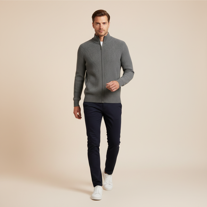 Herrar Stand-Krage Zip Cardigan – Slim-Fit Ribbad Stickad för Kontor och Helg