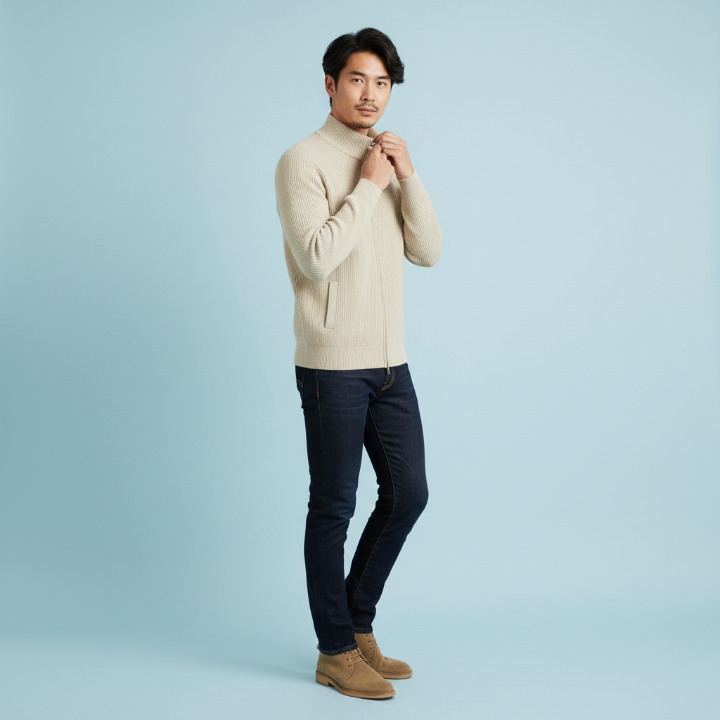 Herrar Stand-Krage Zip Cardigan – Slim-Fit Ribbad Stickad för Kontor och Helg