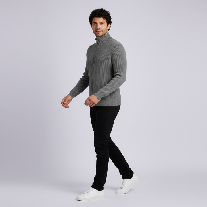 Herrar Stand-Krage Zip Cardigan – Slim-Fit Ribbad Stickad för Kontor och Helg