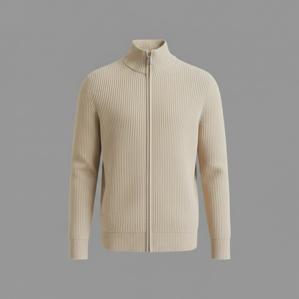 Herrar Stand-Krage Zip Cardigan – Slim-Fit Ribbad Stickad för Kontor och Helg
