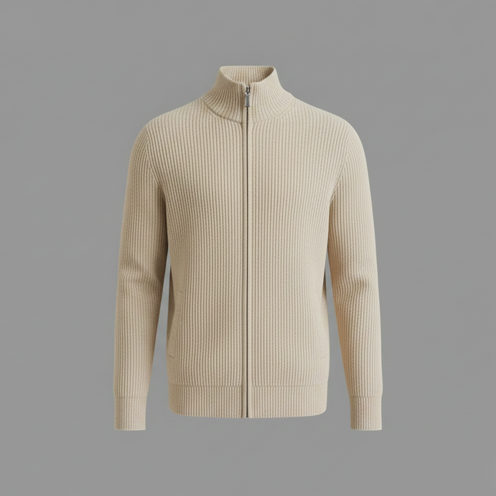 Herrar Stand-Krage Zip Cardigan – Slim-Fit Ribbad Stickad för Kontor och Helg