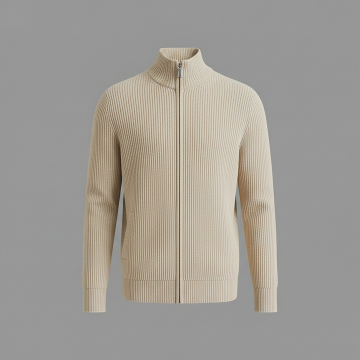 Herrar Stand-Krage Zip Cardigan – Slim-Fit Ribbad Stickad för Kontor och Helg