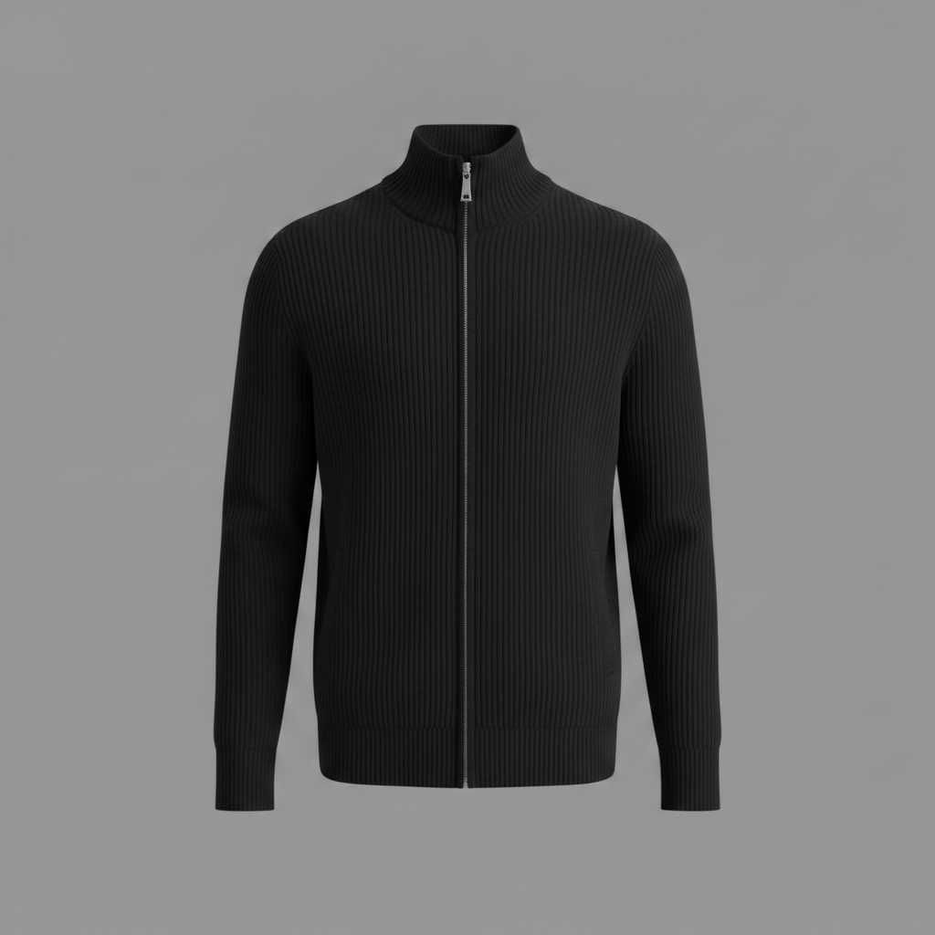 Herrar Stand-Krage Zip Cardigan – Slim-Fit Ribbad Stickad för Kontor och Helg