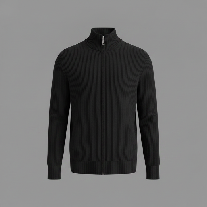 Herrar Stand-Krage Zip Cardigan – Slim-Fit Ribbad Stickad för Kontor och Helg