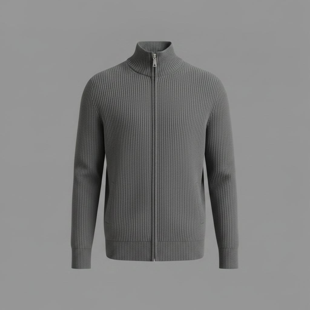Herrar Stand-Krage Zip Cardigan – Slim-Fit Ribbad Stickad för Kontor och Helg