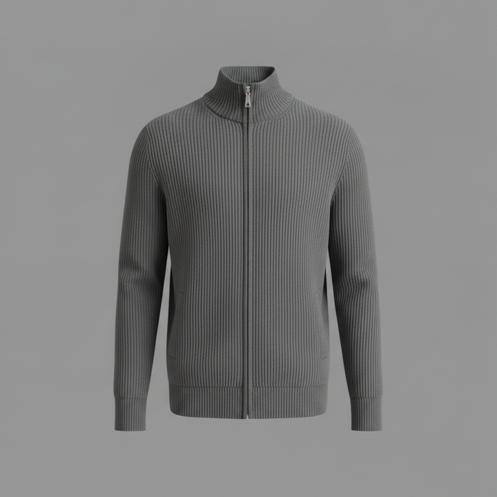 Herrar Stand-Krage Zip Cardigan – Slim-Fit Ribbad Stickad för Kontor och Helg