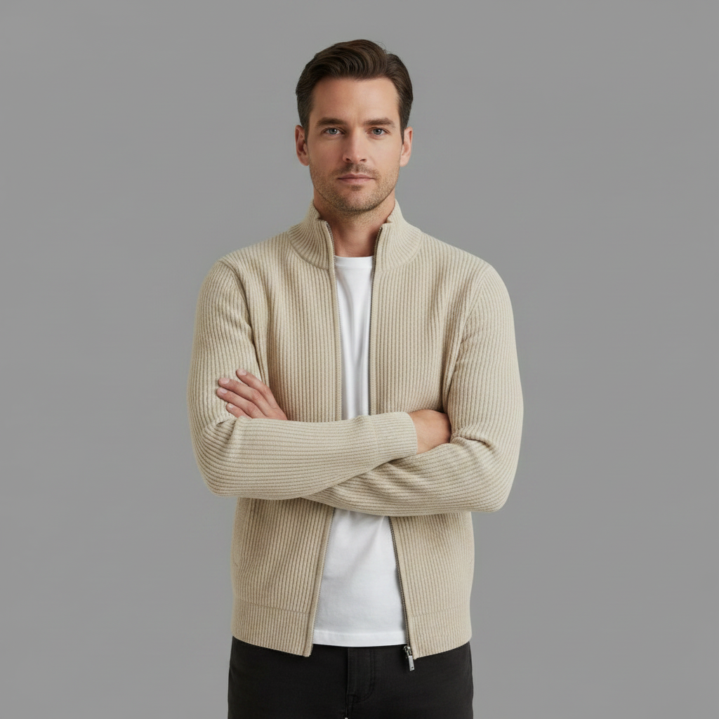 Herrar Stand-Krage Zip Cardigan – Slim-Fit Ribbad Stickad för Kontor och Helg