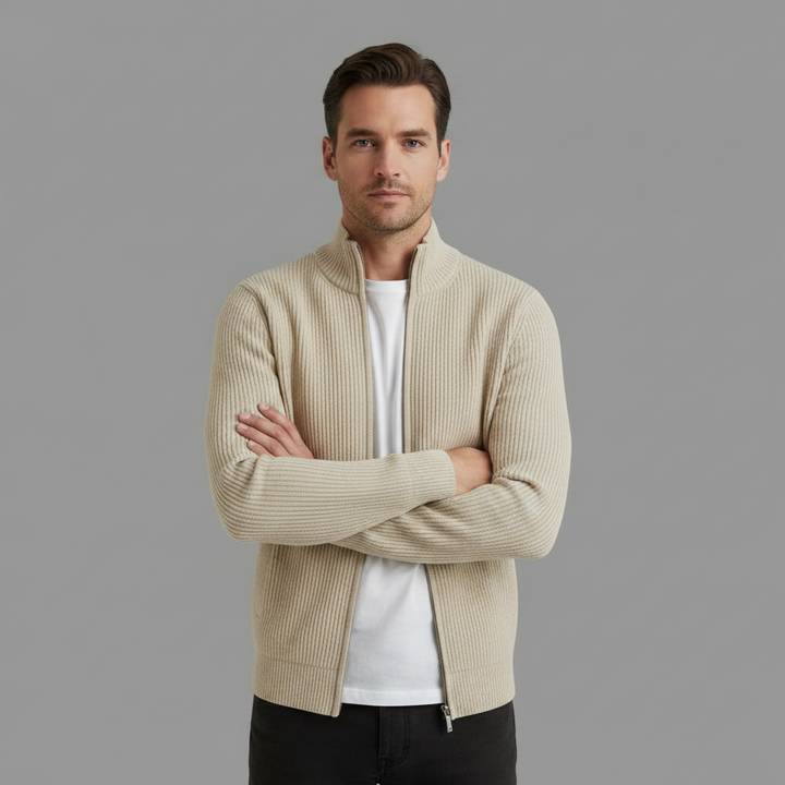 Herrar Stand-Krage Zip Cardigan – Slim-Fit Ribbad Stickad för Kontor och Helg