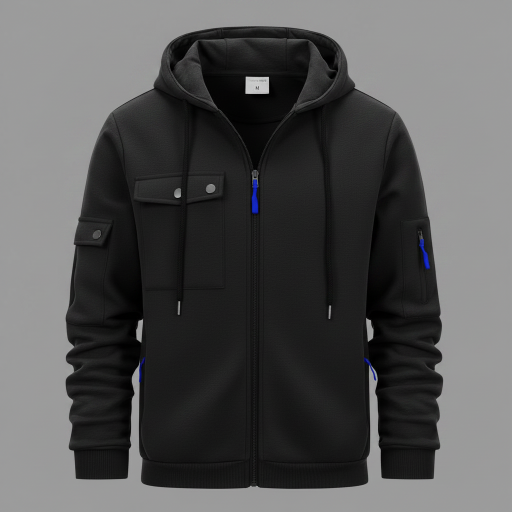 Herrens Huva Utility Jacka – Avslappnad Zip-Up Lager med Multi-Ficka Design