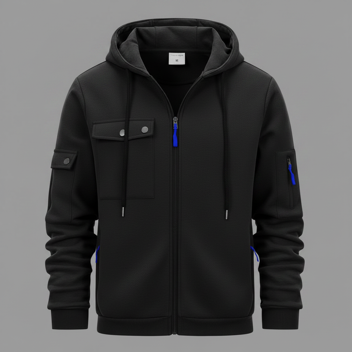 Herrens Huva Utility Jacka – Avslappnad Zip-Up Lager med Multi-Ficka Design