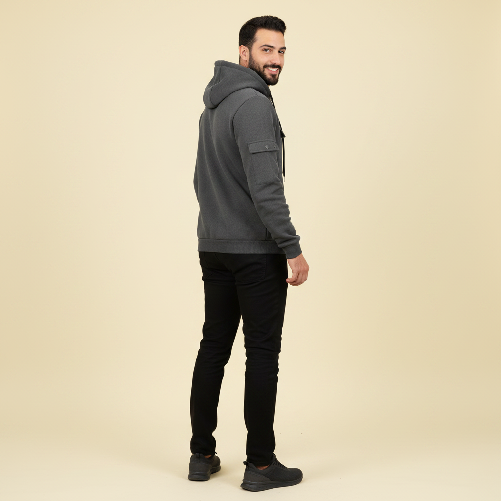 Herrens Huva Utility Jacka – Avslappnad Zip-Up Lager med Multi-Ficka Design