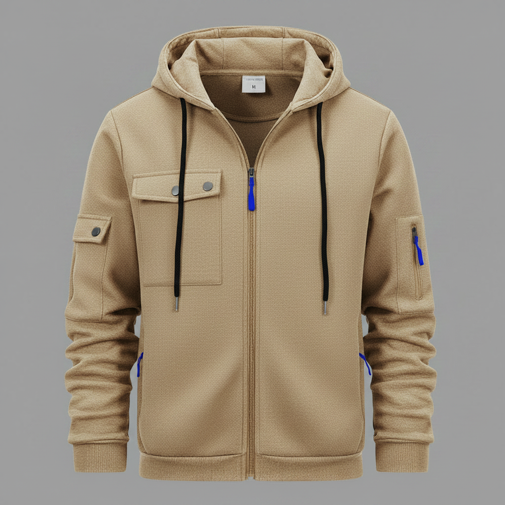 Herrens Huva Utility Jacka – Avslappnad Zip-Up Lager med Multi-Ficka Design