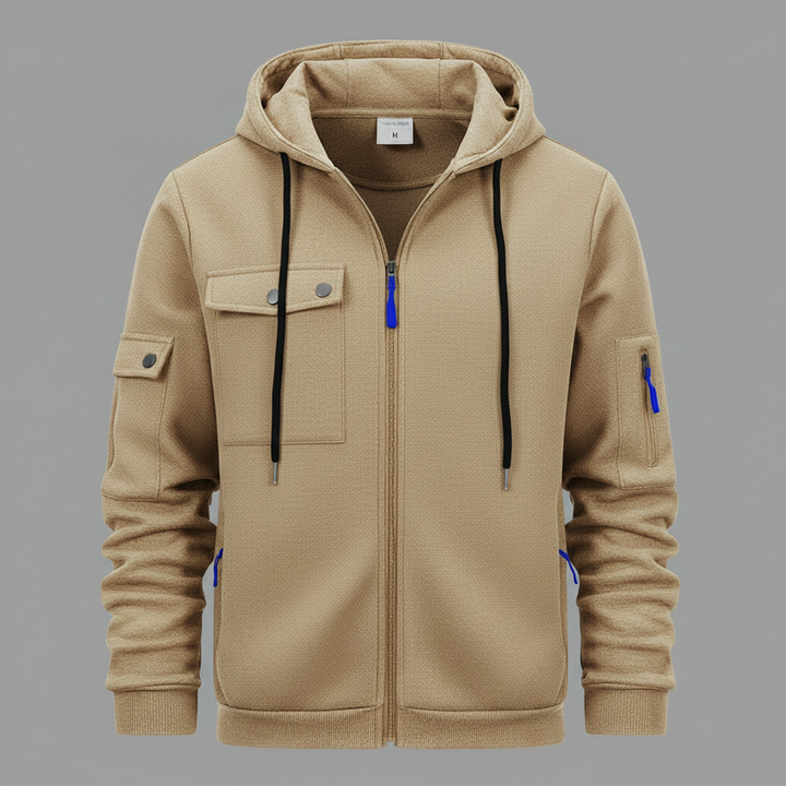 Herrens Huva Utility Jacka – Avslappnad Zip-Up Lager med Multi-Ficka Design