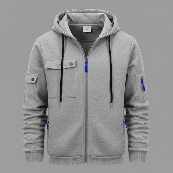 Herrens Huva Utility Jacka – Avslappnad Zip-Up Lager med Multi-Ficka Design