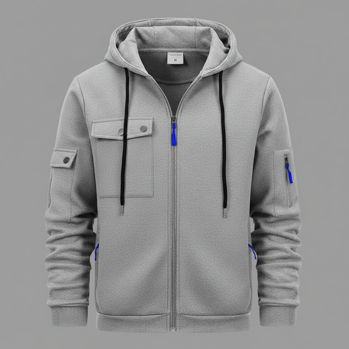 Herrens Huva Utility Jacka – Avslappnad Zip-Up Lager med Multi-Ficka Design