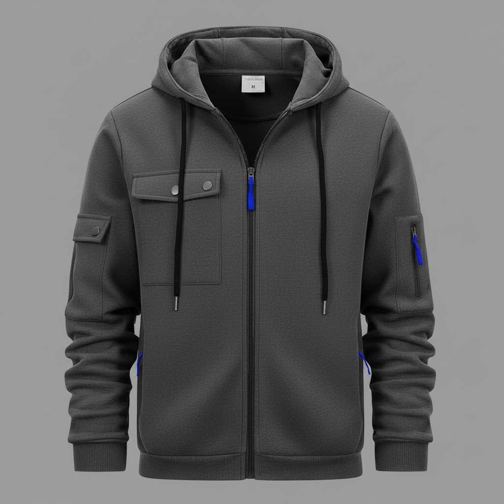 Herrens Huva Utility Jacka – Avslappnad Zip-Up Lager med Multi-Ficka Design
