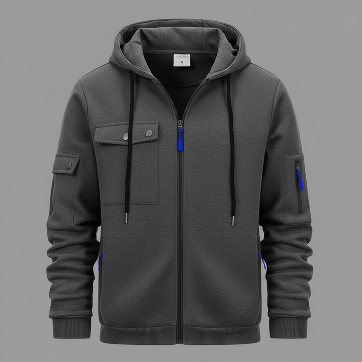 Herrens Huva Utility Jacka – Avslappnad Zip-Up Lager med Multi-Ficka Design