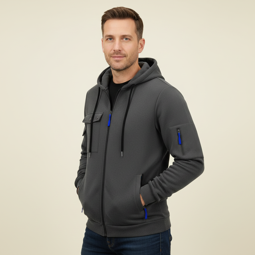 Herrens Huva Utility Jacka – Avslappnad Zip-Up Lager med Multi-Ficka Design