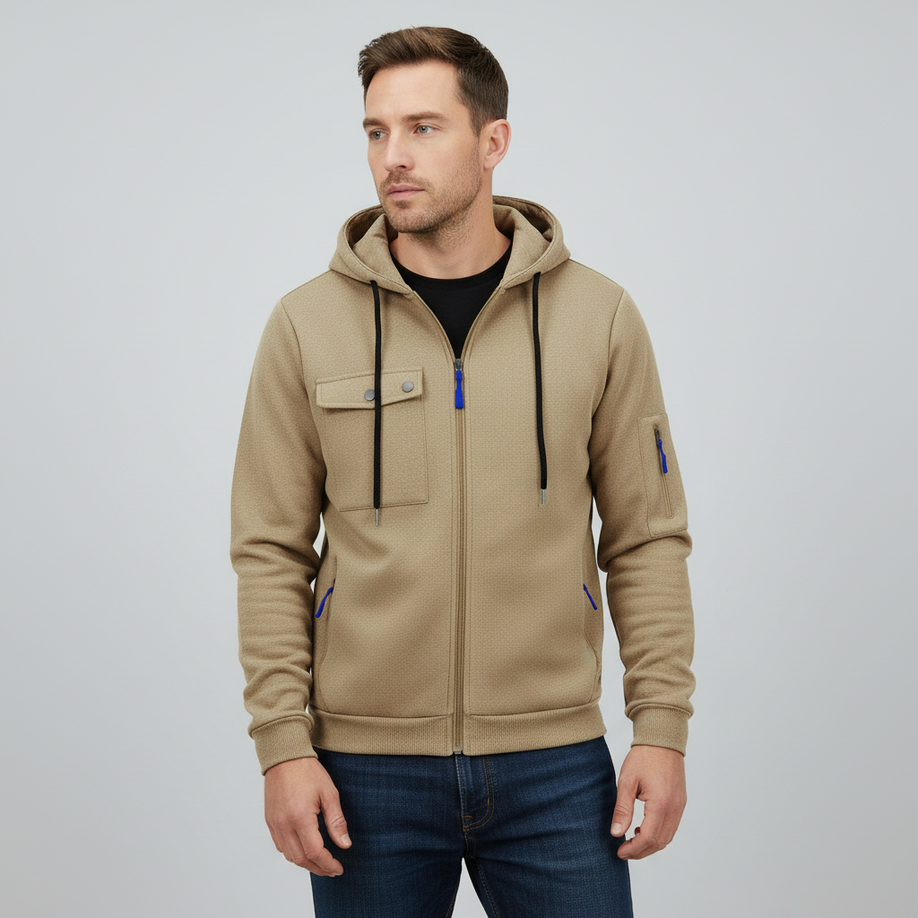Herrens Huva Utility Jacka – Avslappnad Zip-Up Lager med Multi-Ficka Design