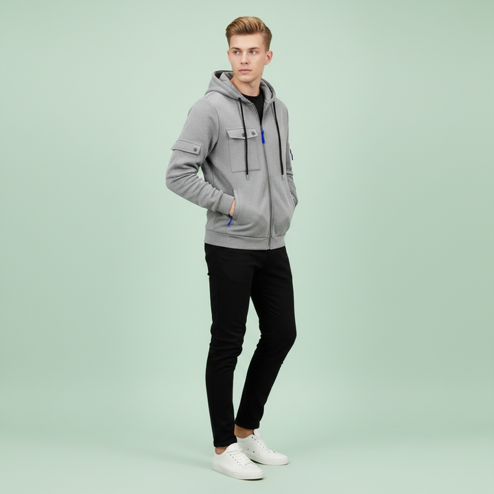 Herrens Huva Utility Jacka – Avslappnad Zip-Up Lager med Multi-Ficka Design