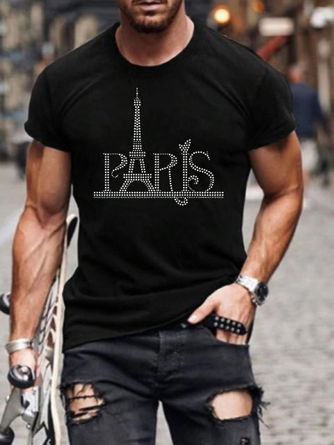Herrars Grafiska T-Shirt med Rhinestone Krona Logotyp Slim Fit Topp