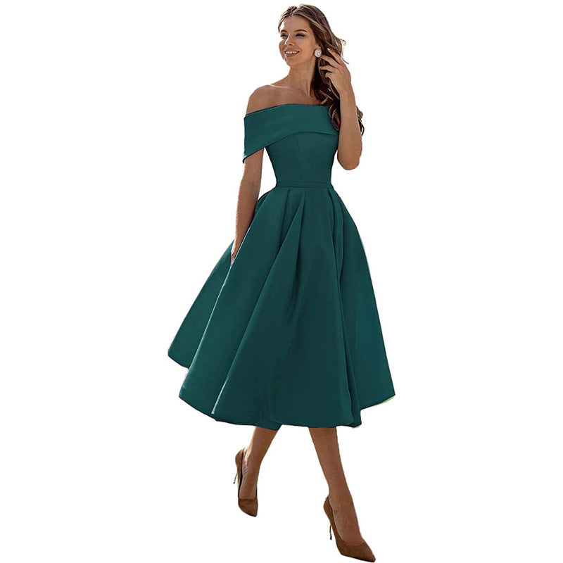 Kvinnors Klänning Off-Shoulder Plisserad A-Linje Midi Silhuett