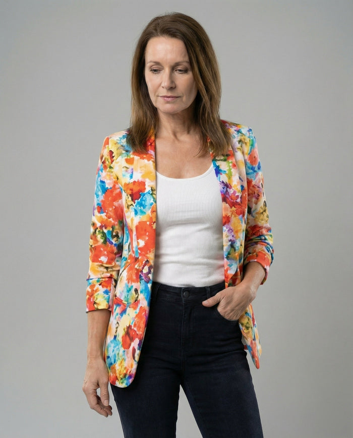 Dam Blommig Blazer med Lång Ärm och Öppen Front