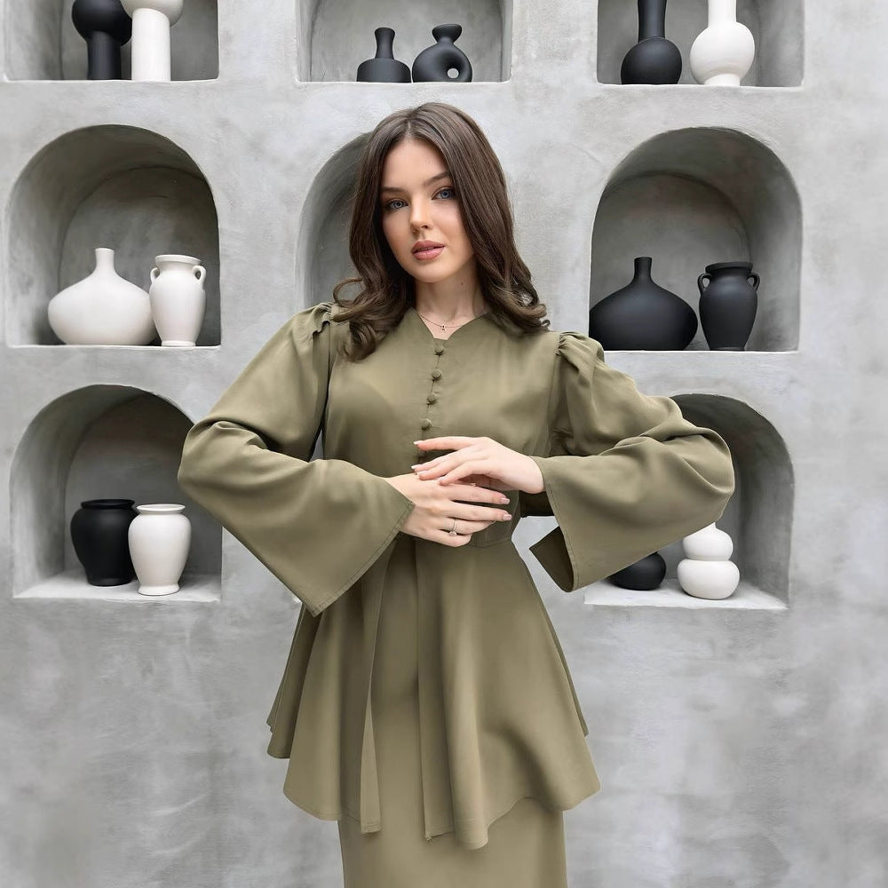 Kvinnors Peplum Ärmmaxi Klänning Elegant Tvådelad Set