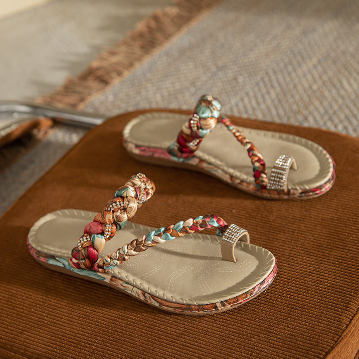 Kvinnors Bohemiska Flätade Tåring Platta Sandaler