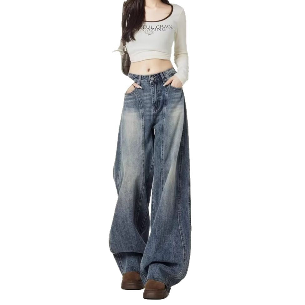 Kvinnors Högmidjade Tvättade Vida Ben Barrel Denim Jeans