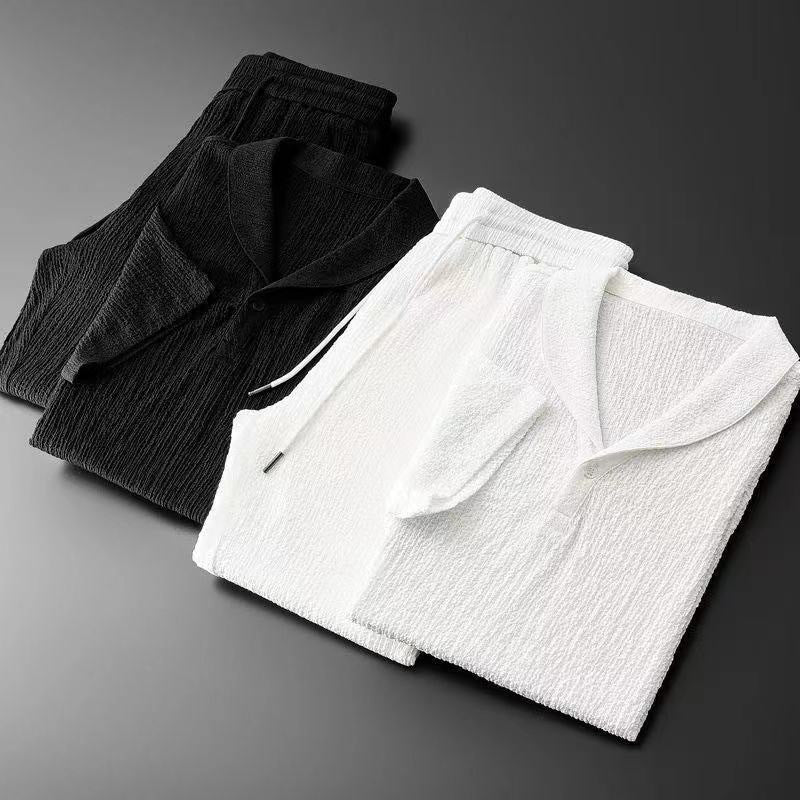 Mäns strukturerad sjalkrage skjorta och tapered byxor set